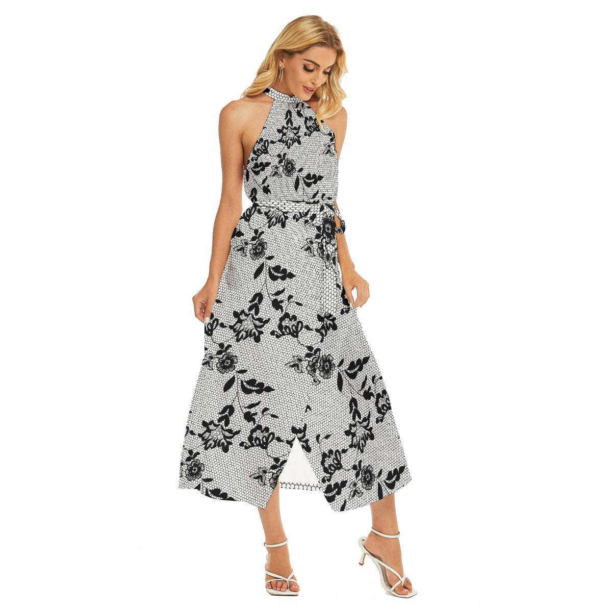 All-Over Print Women's Wrap Hem Belted Halter Dress