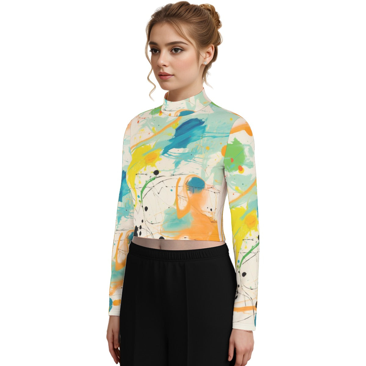 Eco-Friendly All-Over Print Women's Turtleneck T-shirt With Long Sleeve