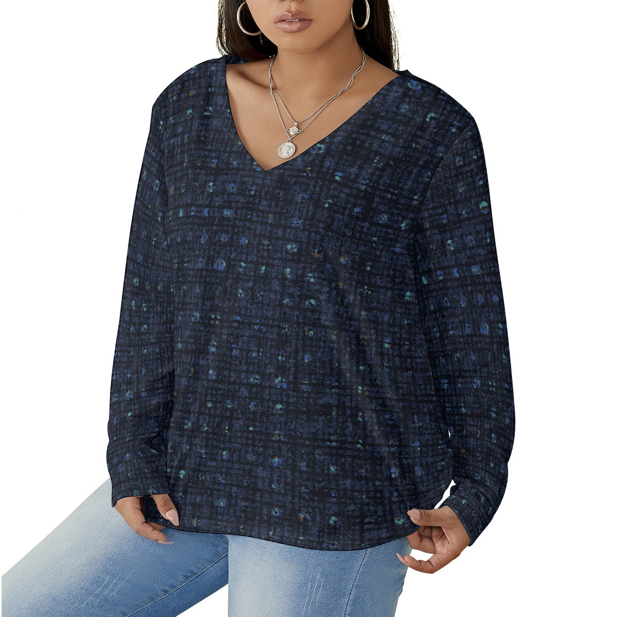 All-Over Print Women's V-neck T-shirt With Curved Hem(Plus Size)