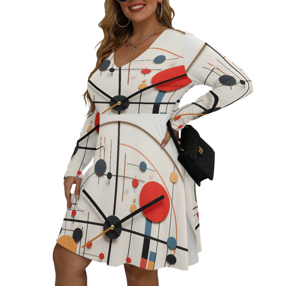 All-Over Print Women's V-neck Long Sleeve Dress(Plus Size)