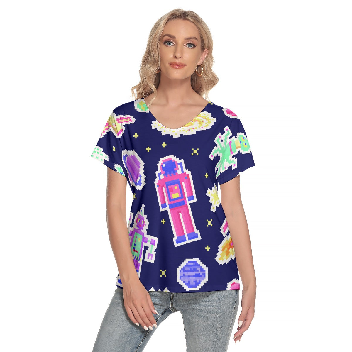 All-Over Print Women's Loose V-neck Short Sleeve T-shirt