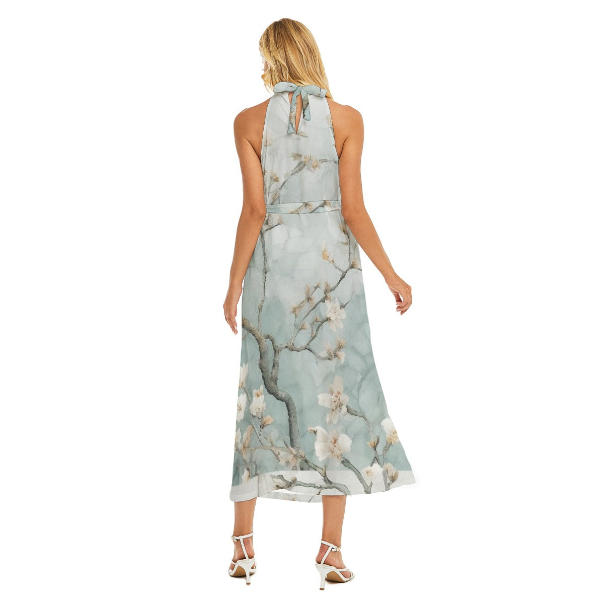 All-Over Print Women's Wrap Hem Belted Halter Dress