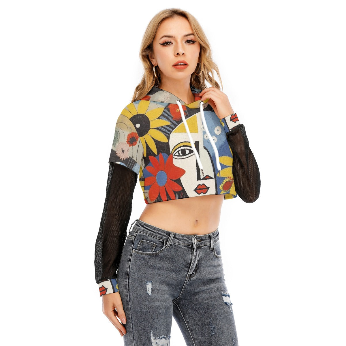 All-Over Print Women's Fake Two-piece Mesh Sleeve Cropped Hoodie