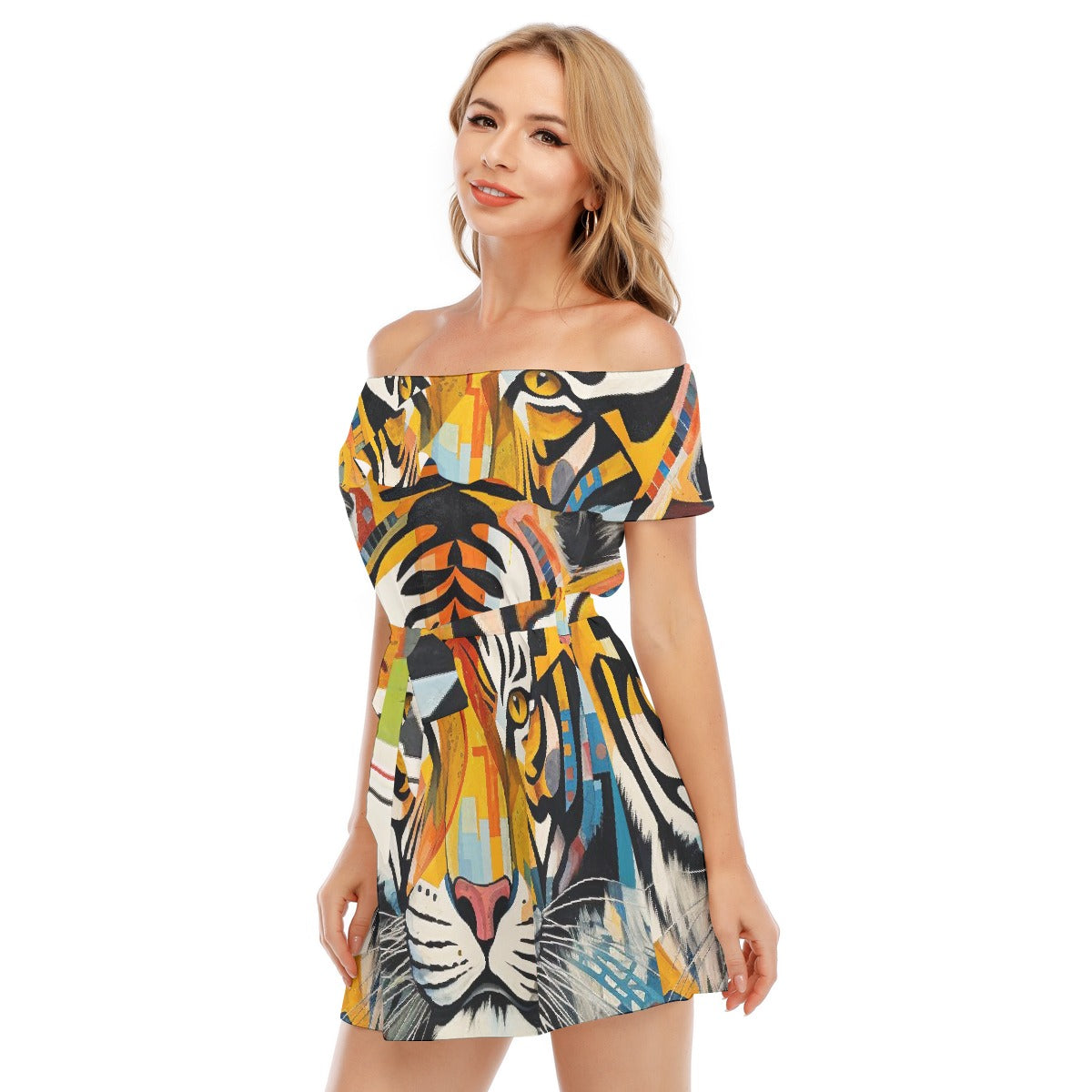 All-Over Print Women's Off-shoulder Dress With Ruffle