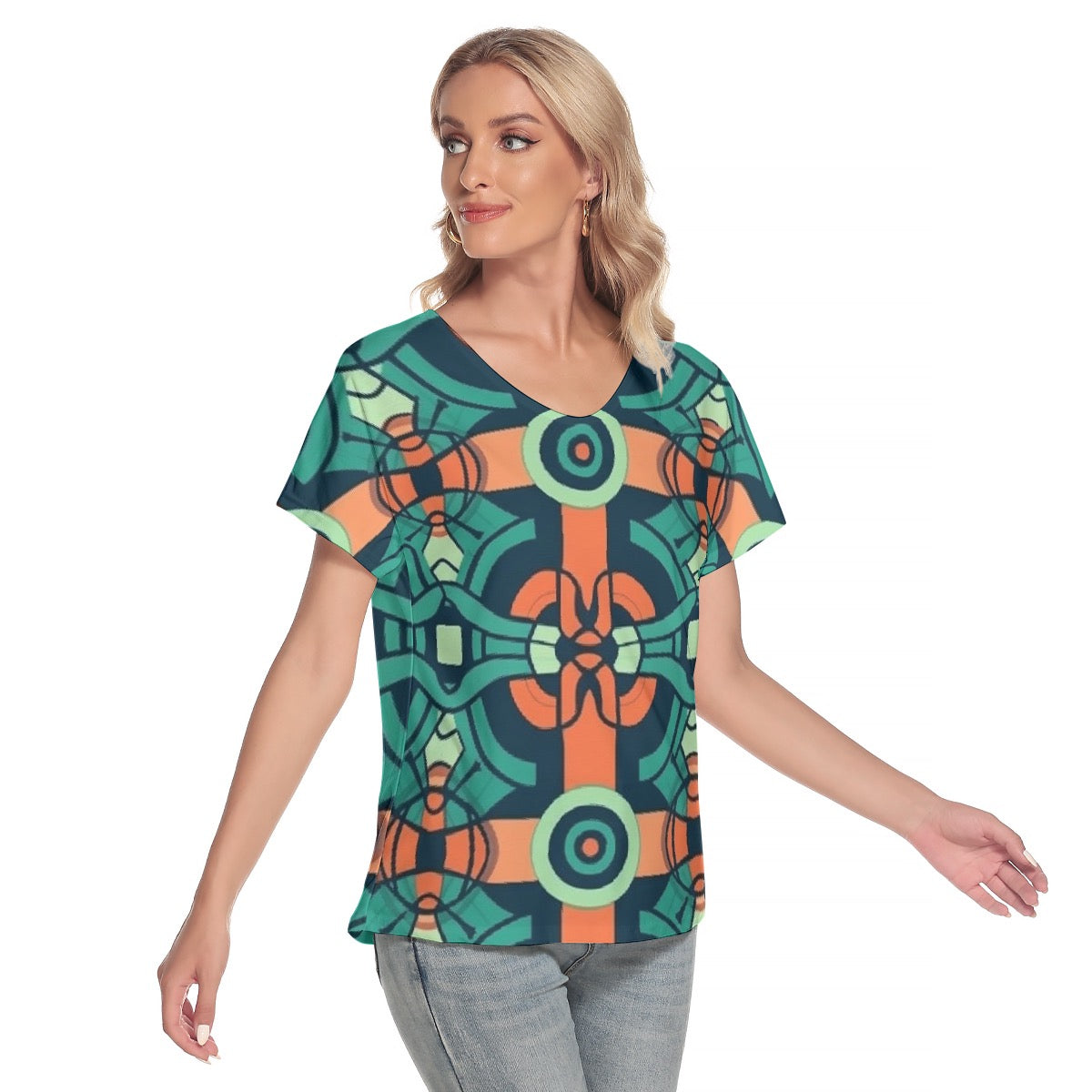 All-Over Print Women's Loose V-neck Short Sleeve T-shirt