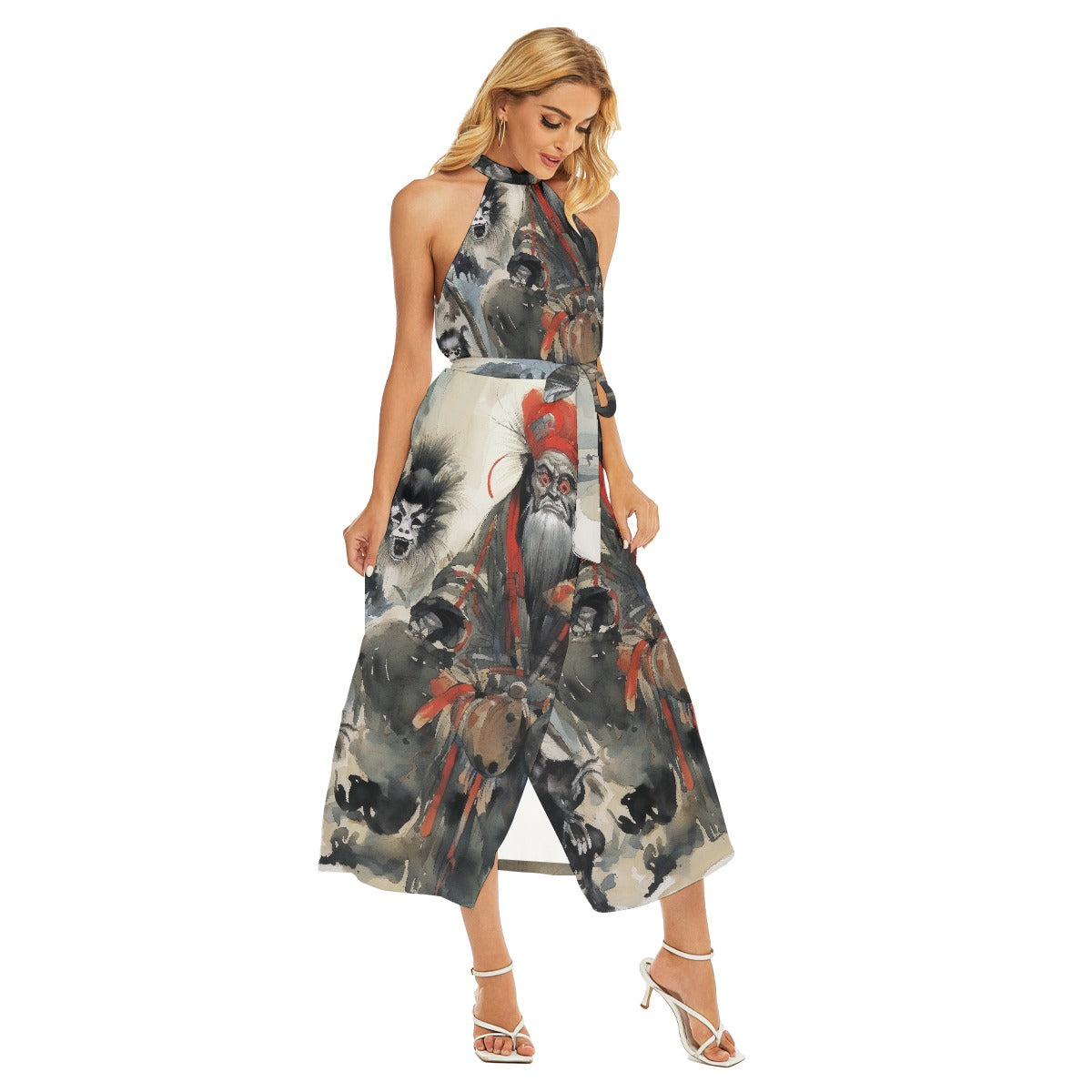 All-Over Print Women's Wrap Hem Belted Halter Dress