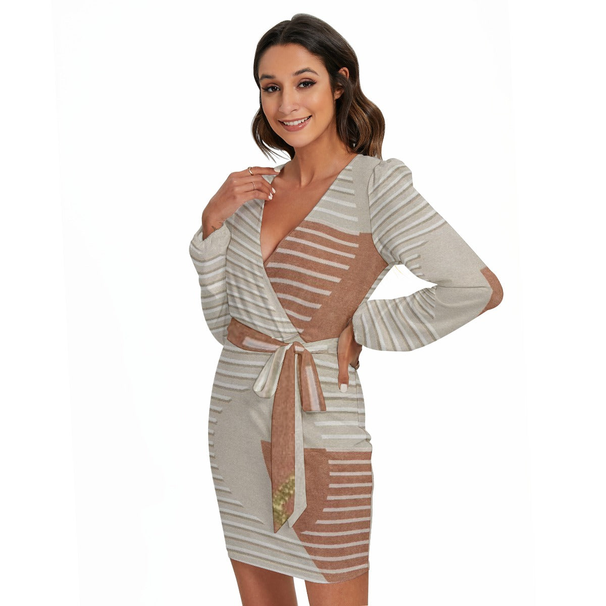 All-Over Print Women's Long Sleeve Dress With Waist Belt