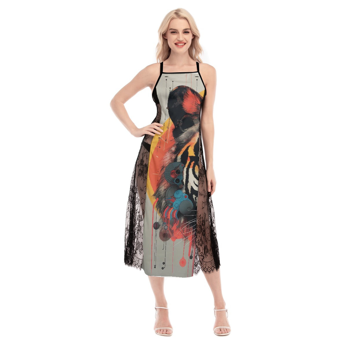 All-Over Print Women's Lace Cami Cross Back Dress