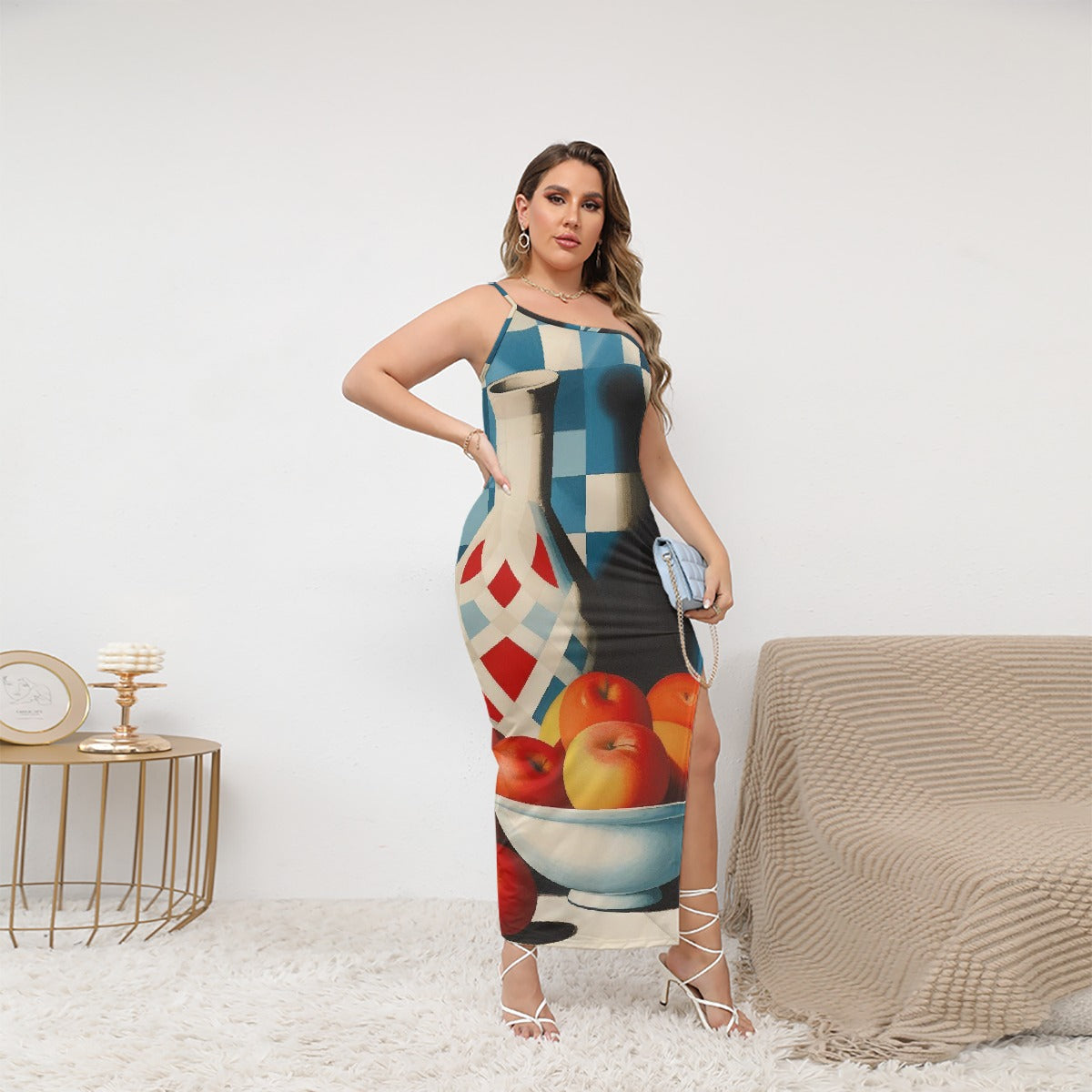 All-Over Print Women's Oblique-Shoulder Exposure Dress With Side Split (Plus Size)