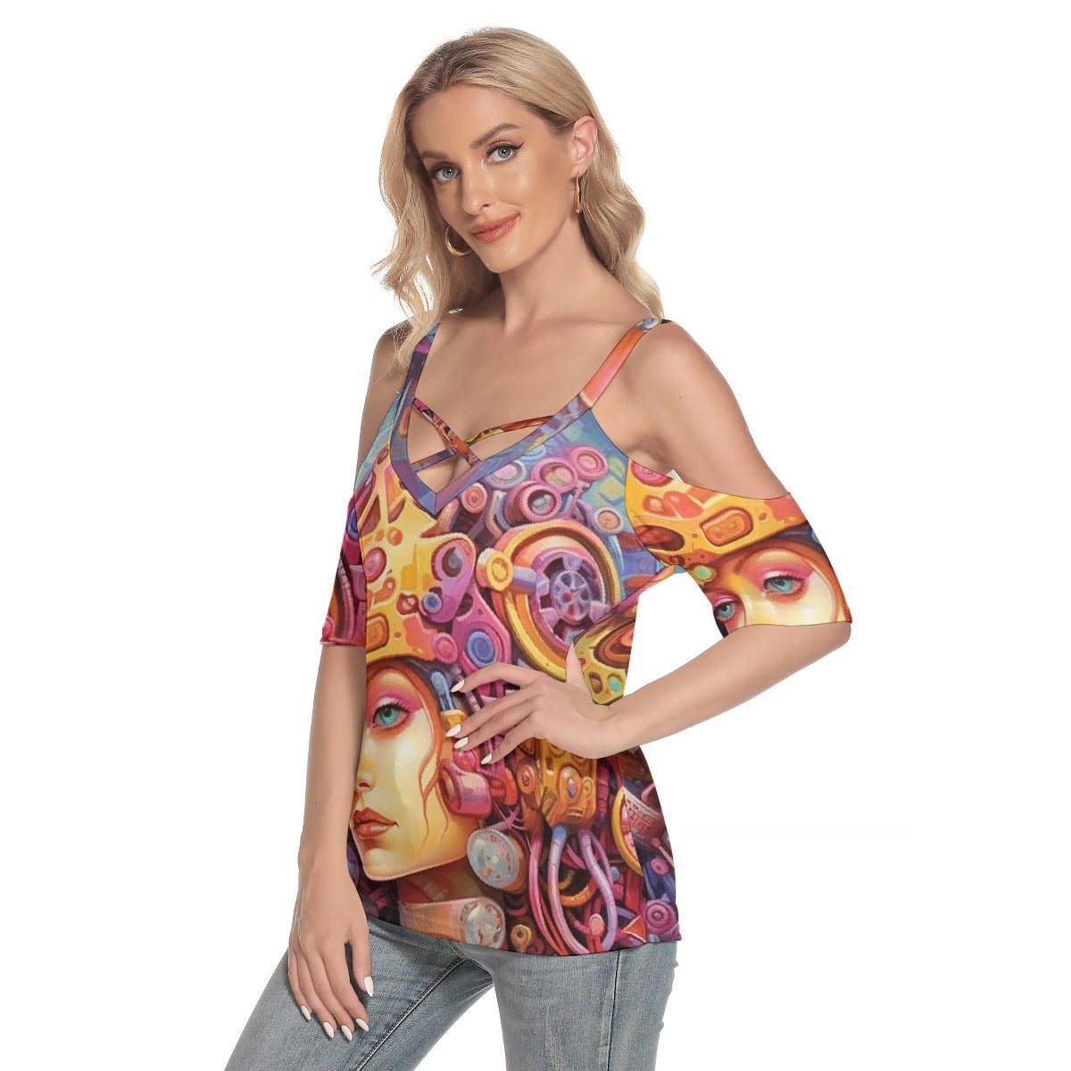 All-Over Print Women's Cold Shoulder T-shirt With Criss Cross Strips