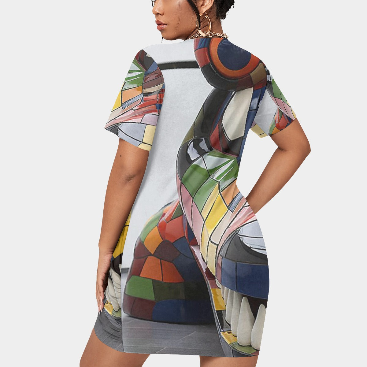 All-Over Print Women’s Stacked Hem Dress With Short Sleeve（Plus Size）