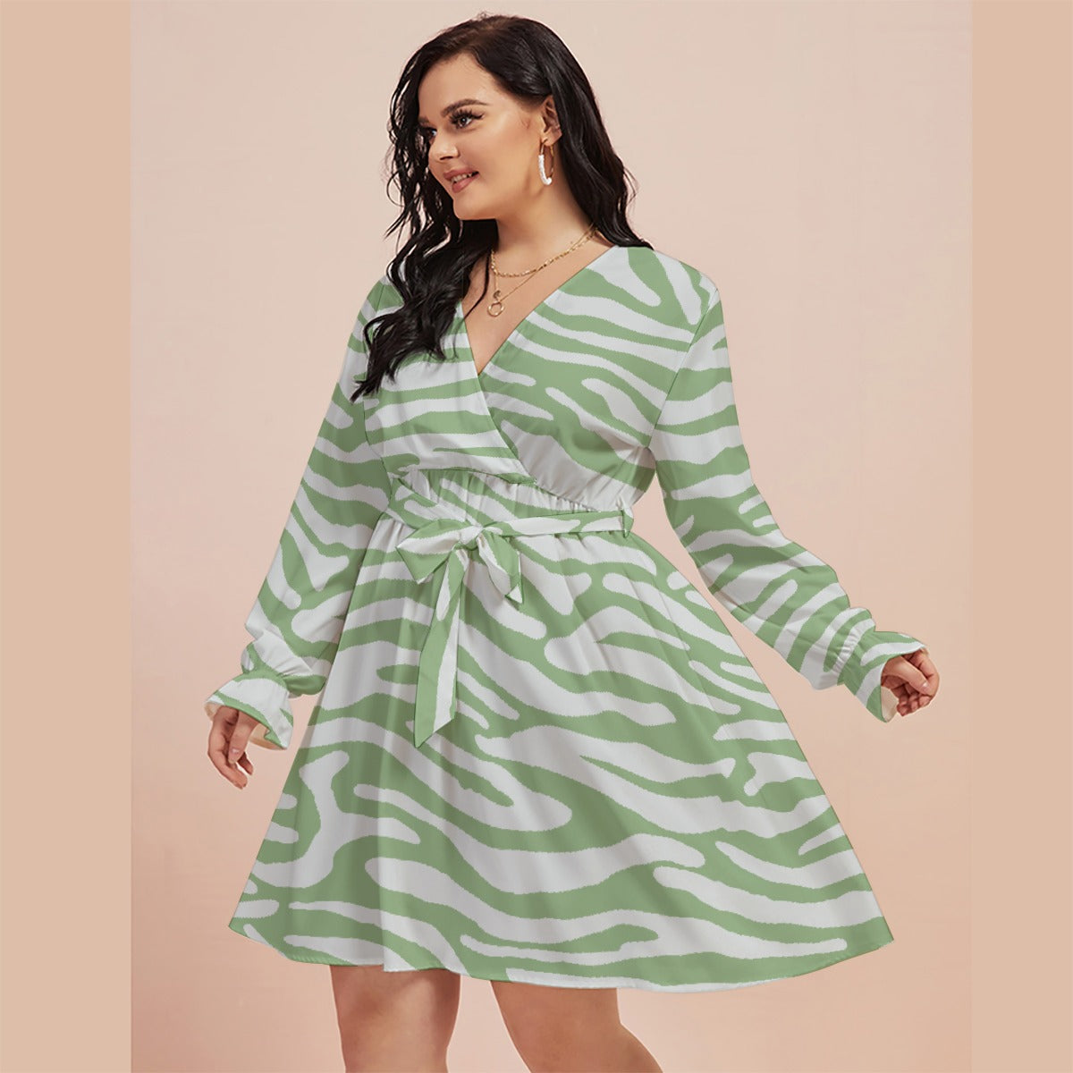 All-Over Print Women's V-neck Dress With Waistband(Plus Size)