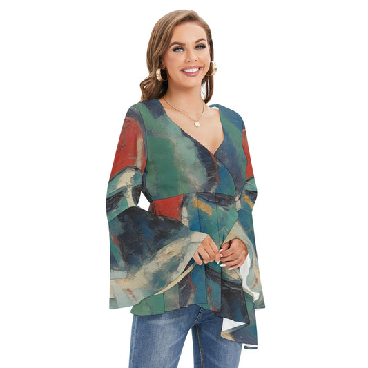 All-Over Print Women's V-neck Blouse With Flared Sleeves