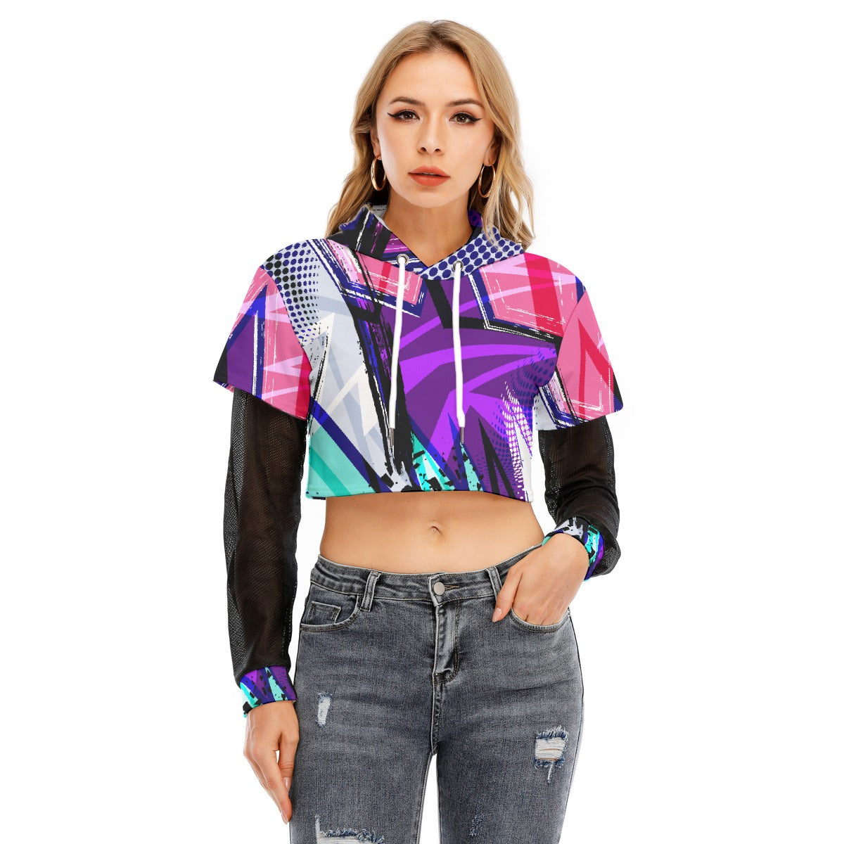 All-Over Print Women's Fake Two-piece Mesh Sleeve Cropped Hoodie