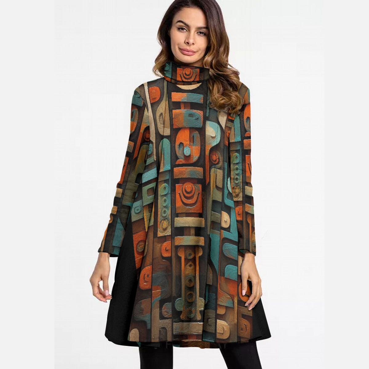 All-Over Print Women's High Neck Dress With Long Sleeve