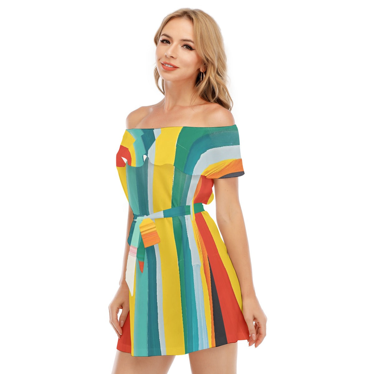 All-Over Print Women's Off-shoulder Dress With Ruffle