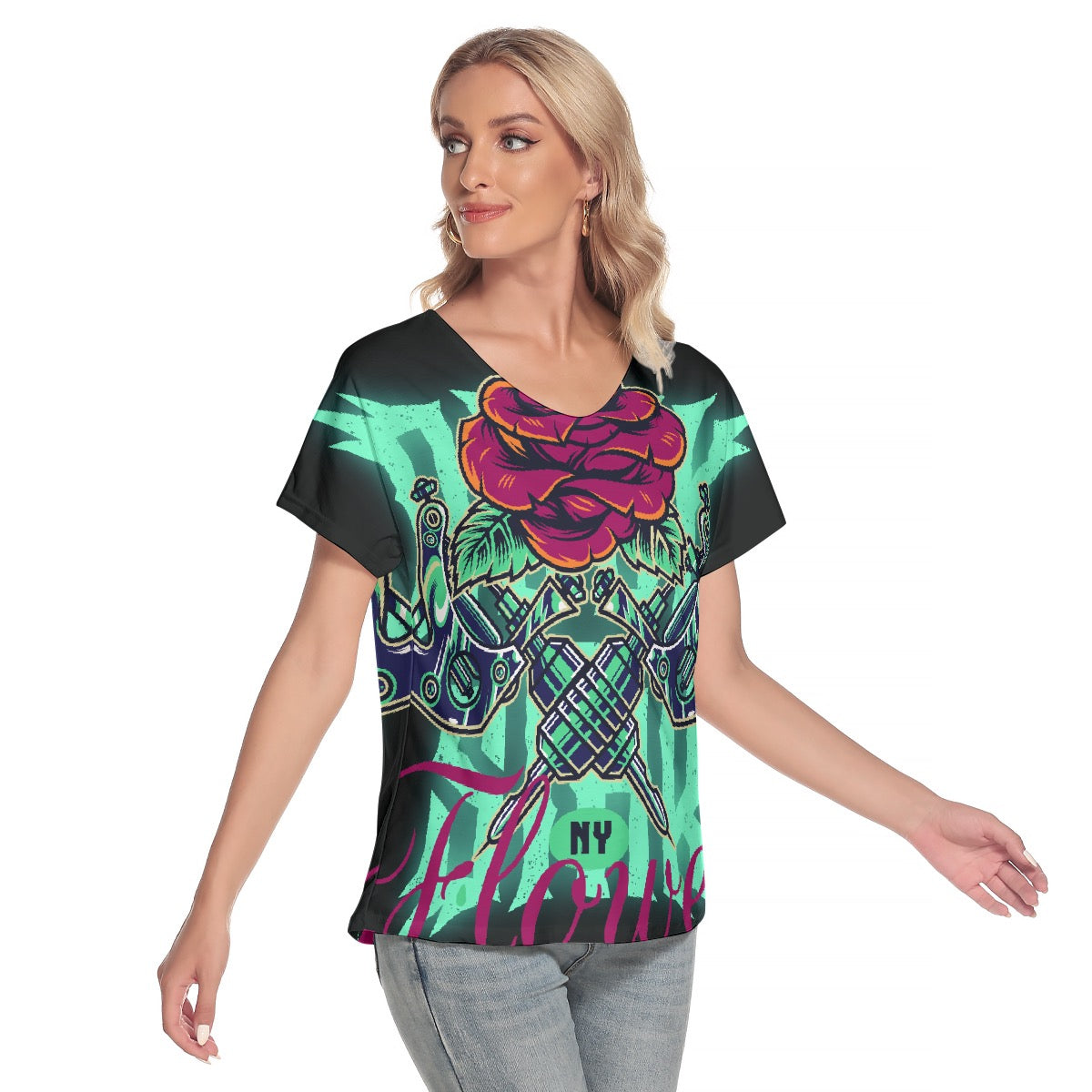 All-Over Print Women's Loose V-neck Short Sleeve T-shirt