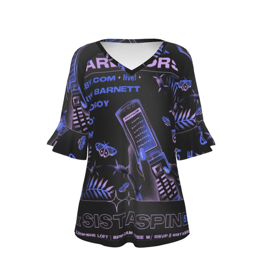 All-Over Print V-neck Women's T-shirt With Bell Sleeve