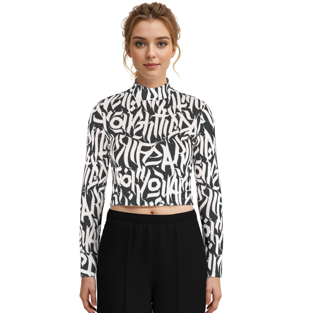 Eco-Friendly All-Over Print Women's Turtleneck T-shirt With Long Sleeve