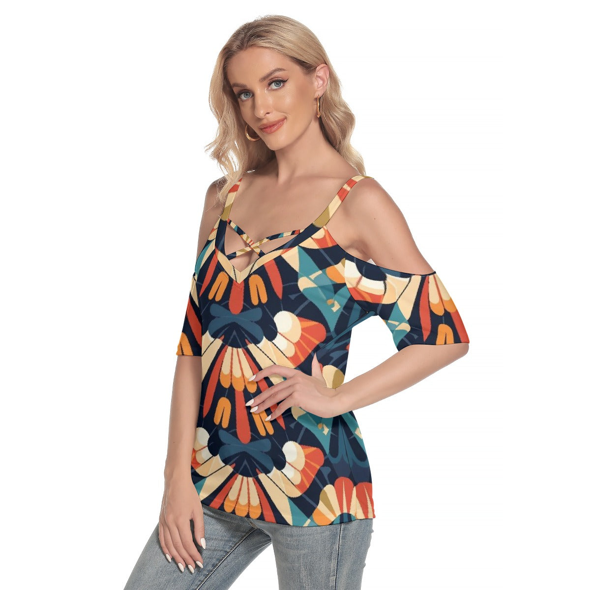 All-Over Print Women's Cold Shoulder T-shirt With Criss Cross Strips