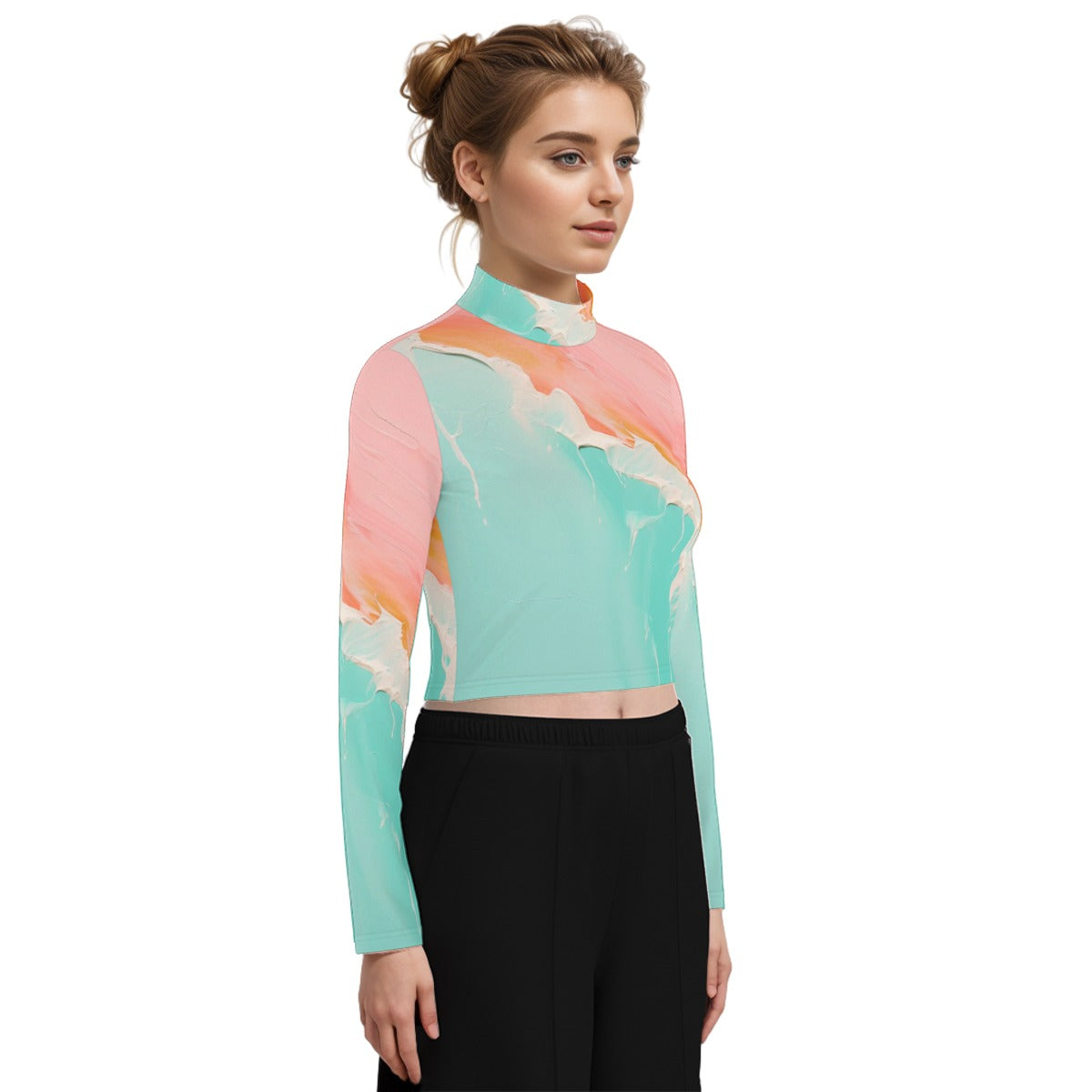 Eco-Friendly All-Over Print Women's Turtleneck T-shirt With Long Sleeve