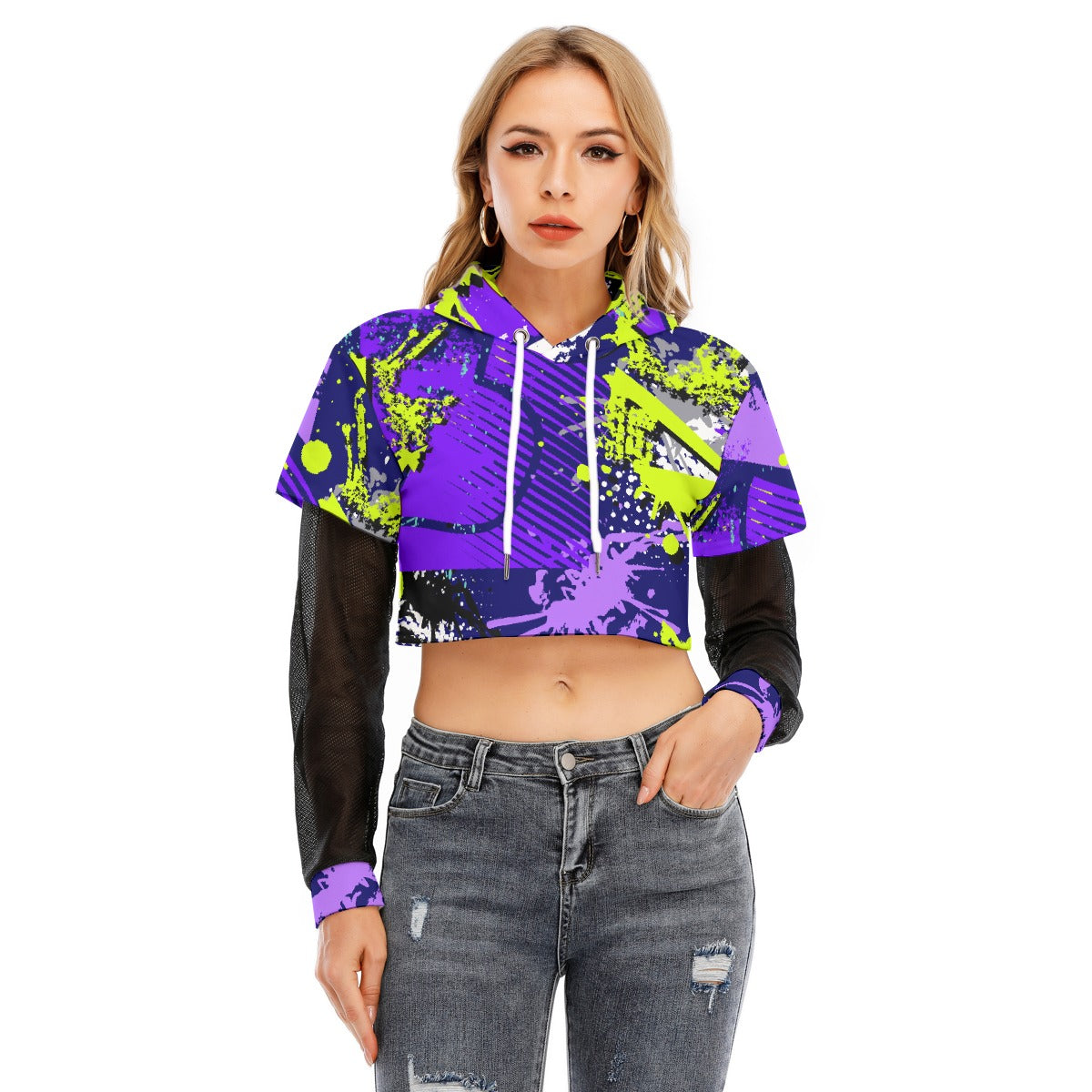 All-Over Print Women's Fake Two-piece Mesh Sleeve Cropped Hoodie