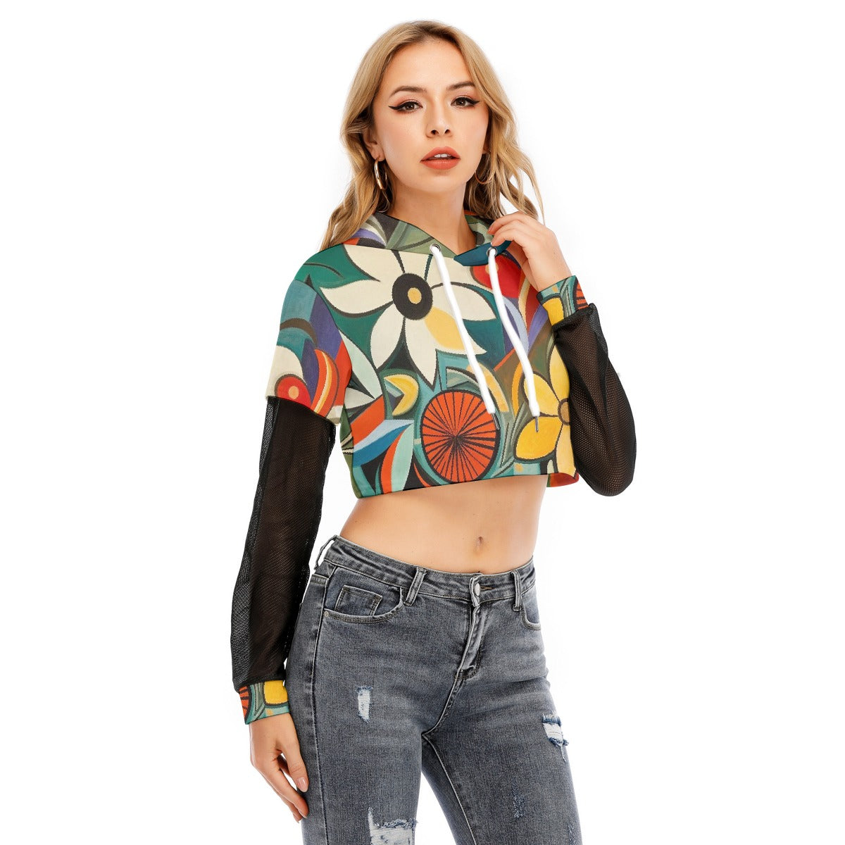 All-Over Print Women's Fake Two-piece Mesh Sleeve Cropped Hoodie