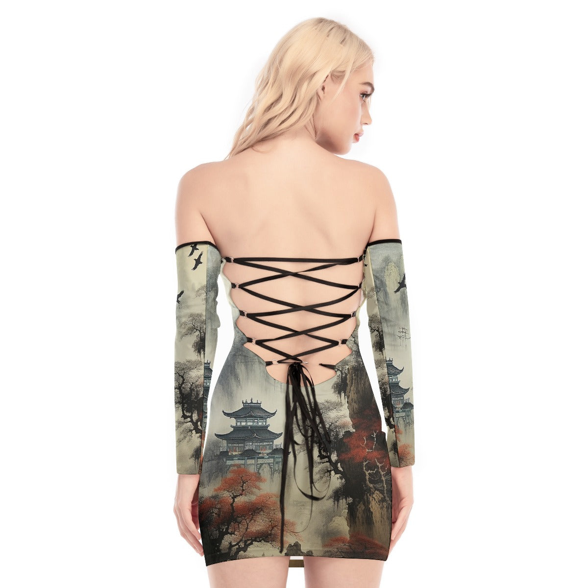 All-Over Print Women's Off-shoulder Back Lace-up Dress