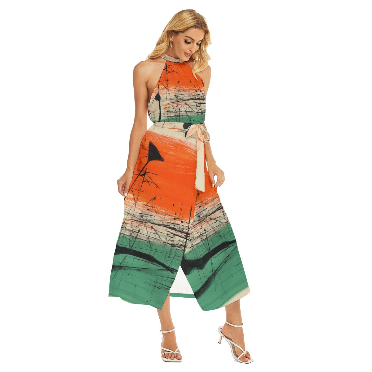 All-Over Print Women's Wrap Hem Belted Halter Dress