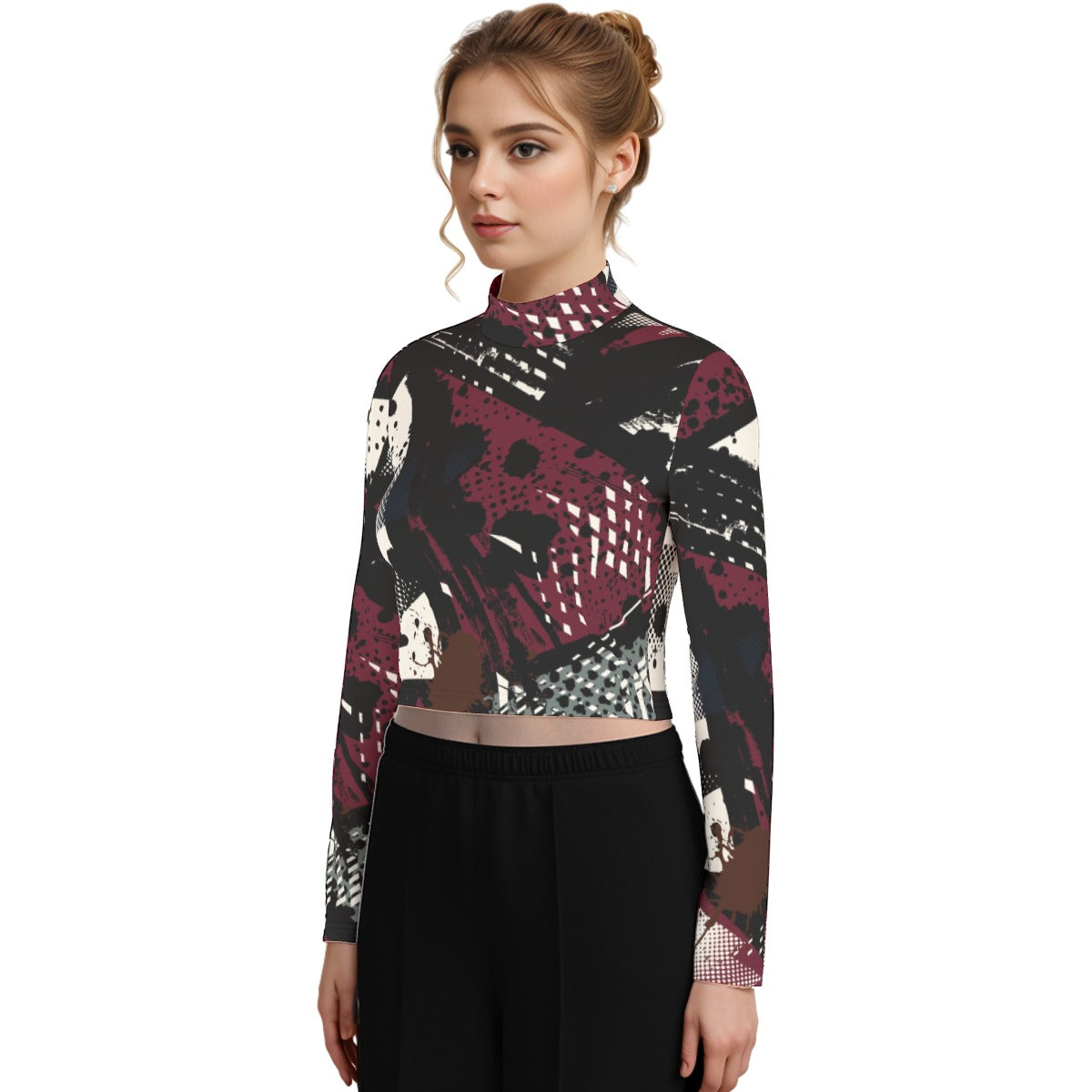 Eco-Friendly All-Over Print Women's Turtleneck T-shirt With Long Sleeve