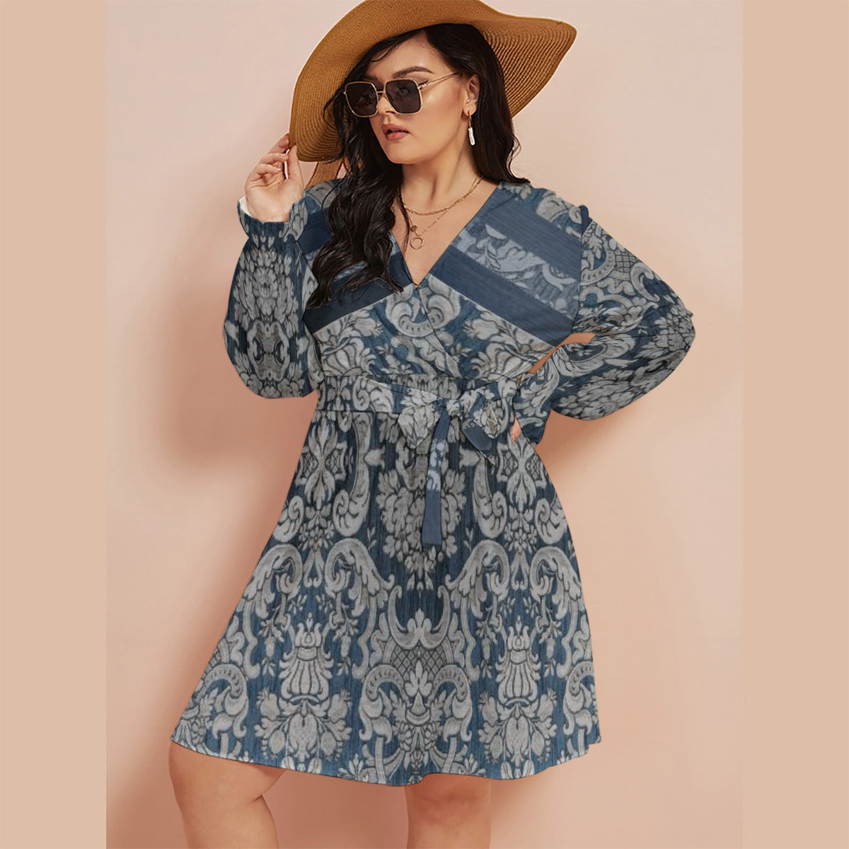 All-Over Print Women's V-neck Dress With Waistband(Plus Size)