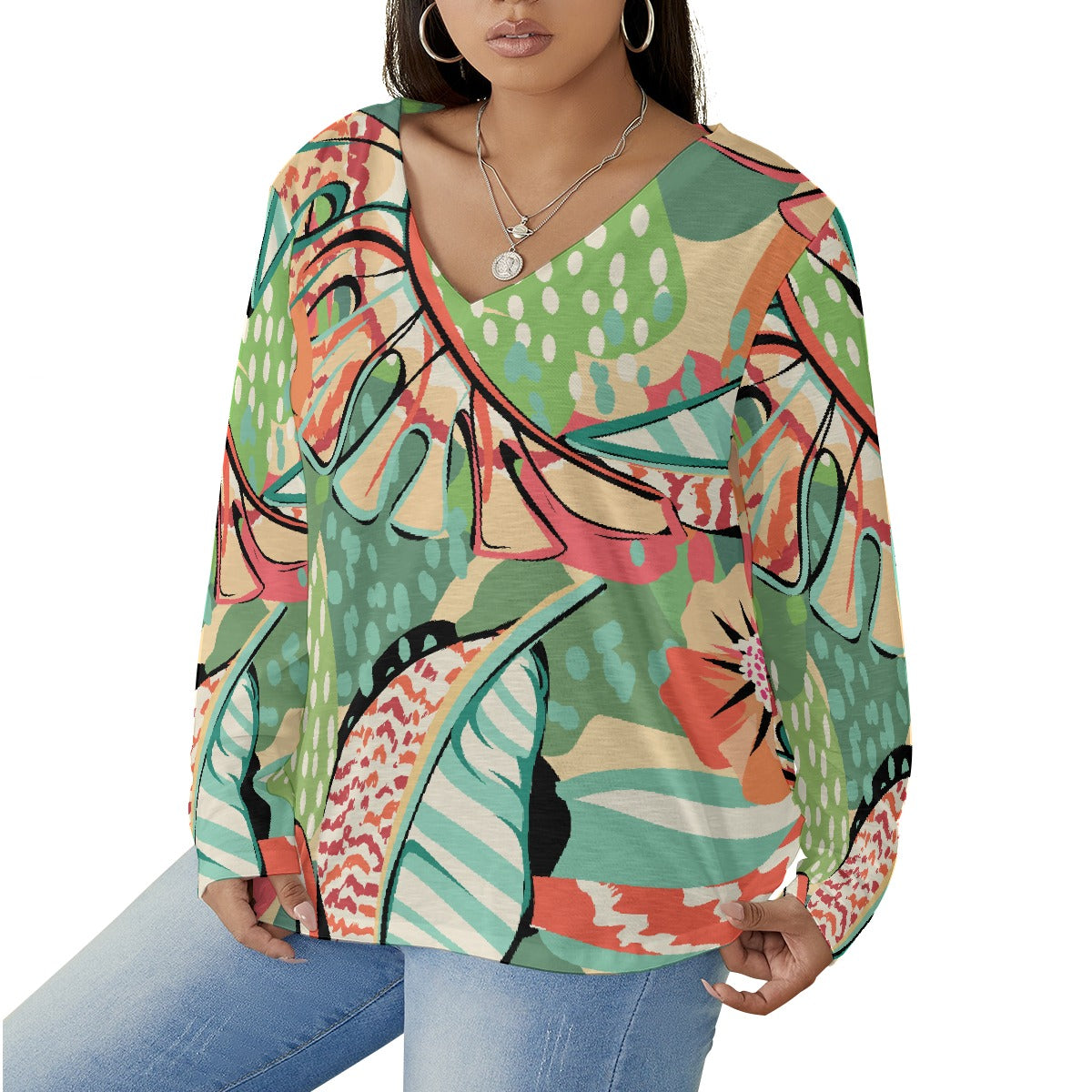 All-Over Print Women's V-neck T-shirt With Curved Hem(Plus Size)