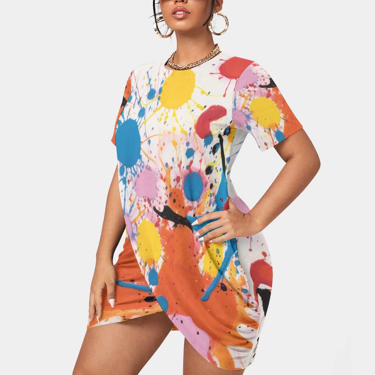 All-Over Print Women’s Stacked Hem Dress With Short Sleeve（Plus Size）