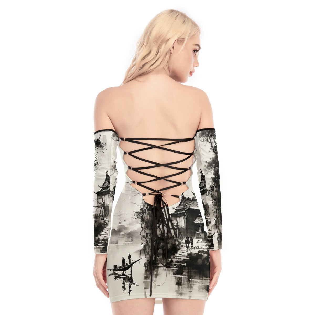 All-Over Print Women's Off-shoulder Back Lace-up Dress