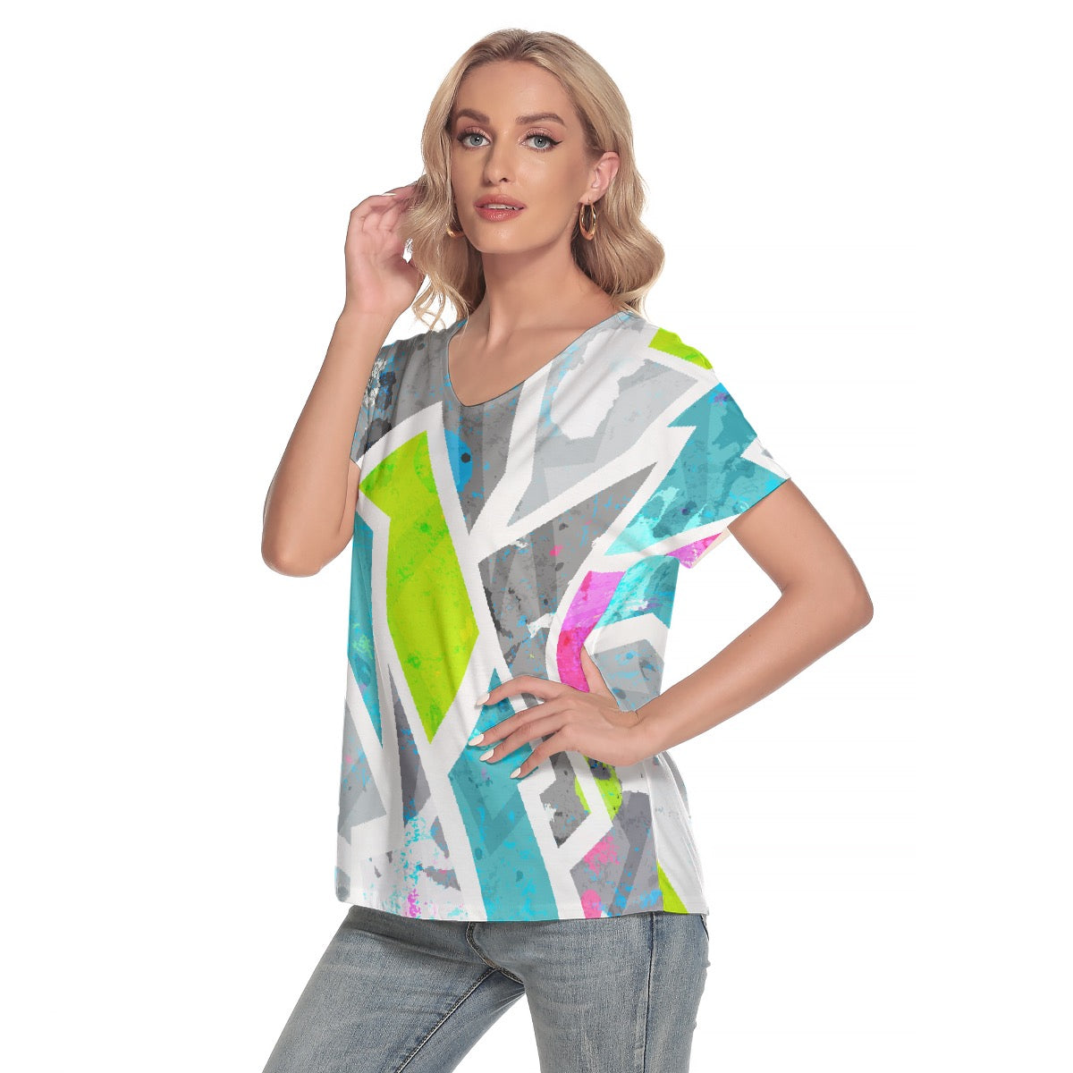 All-Over Print Women's Loose V-neck Short Sleeve T-shirt