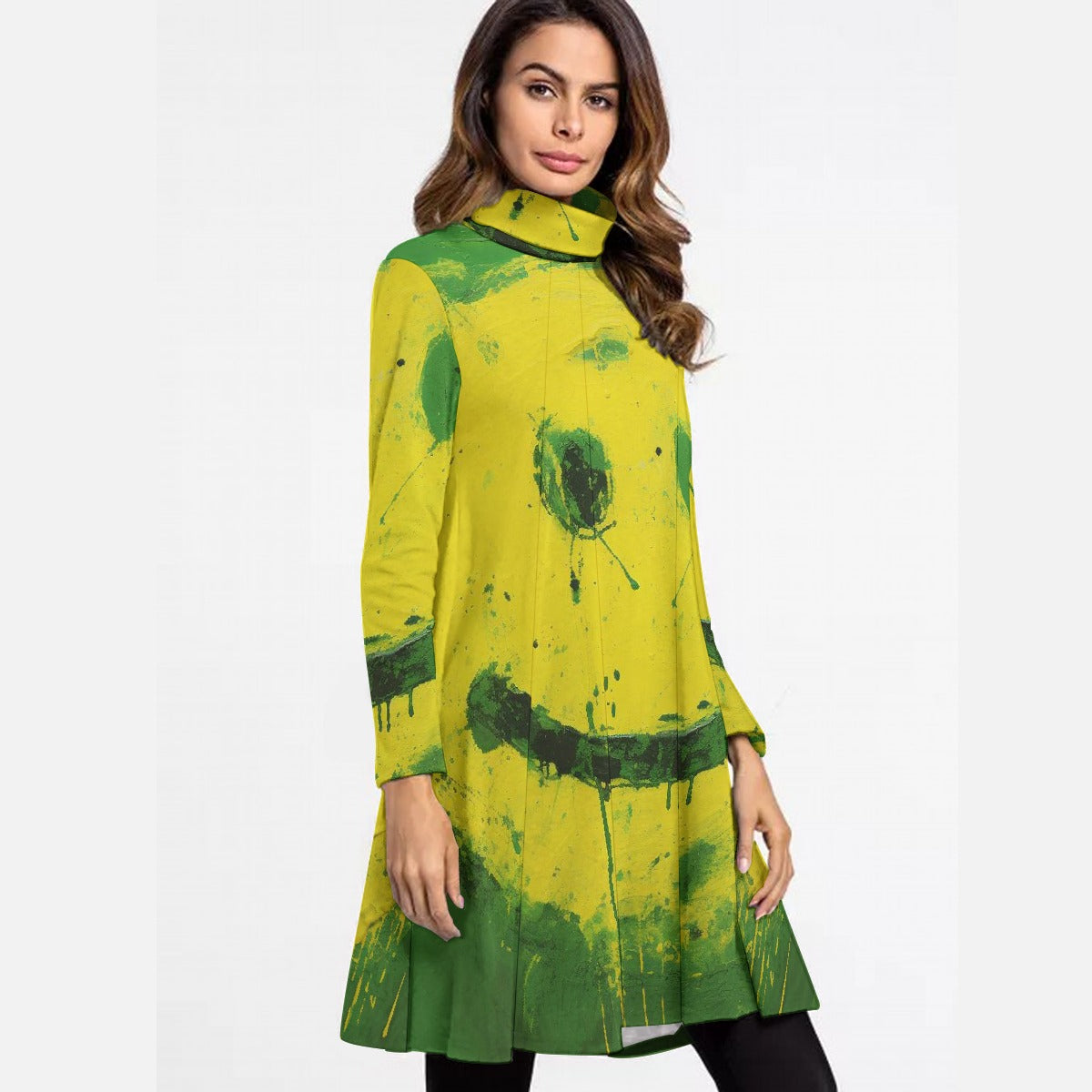 All-Over Print Women's High Neck Dress With Long Sleeve