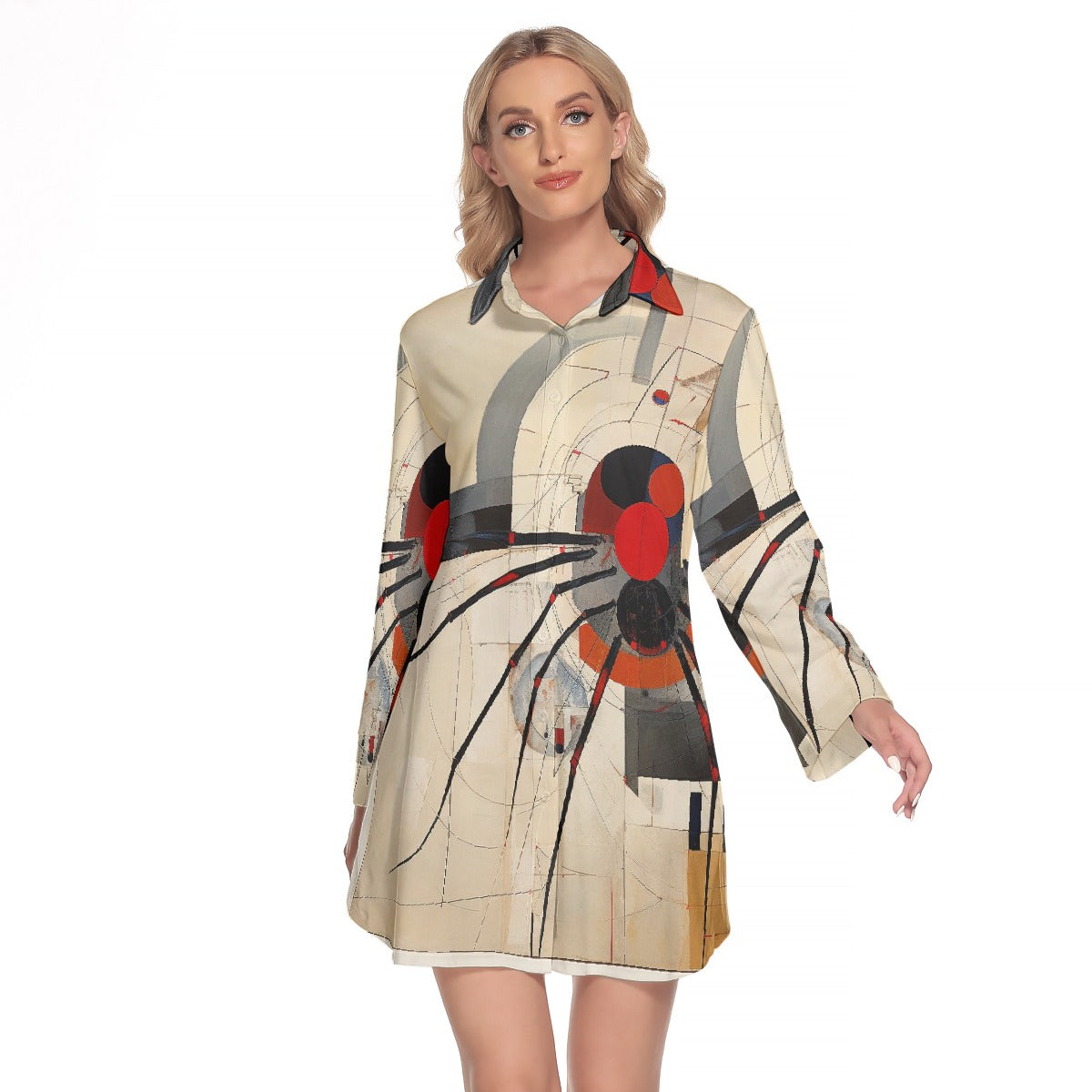 All-Over Print Women's Lapel Shirt Dress With Long Sleeve