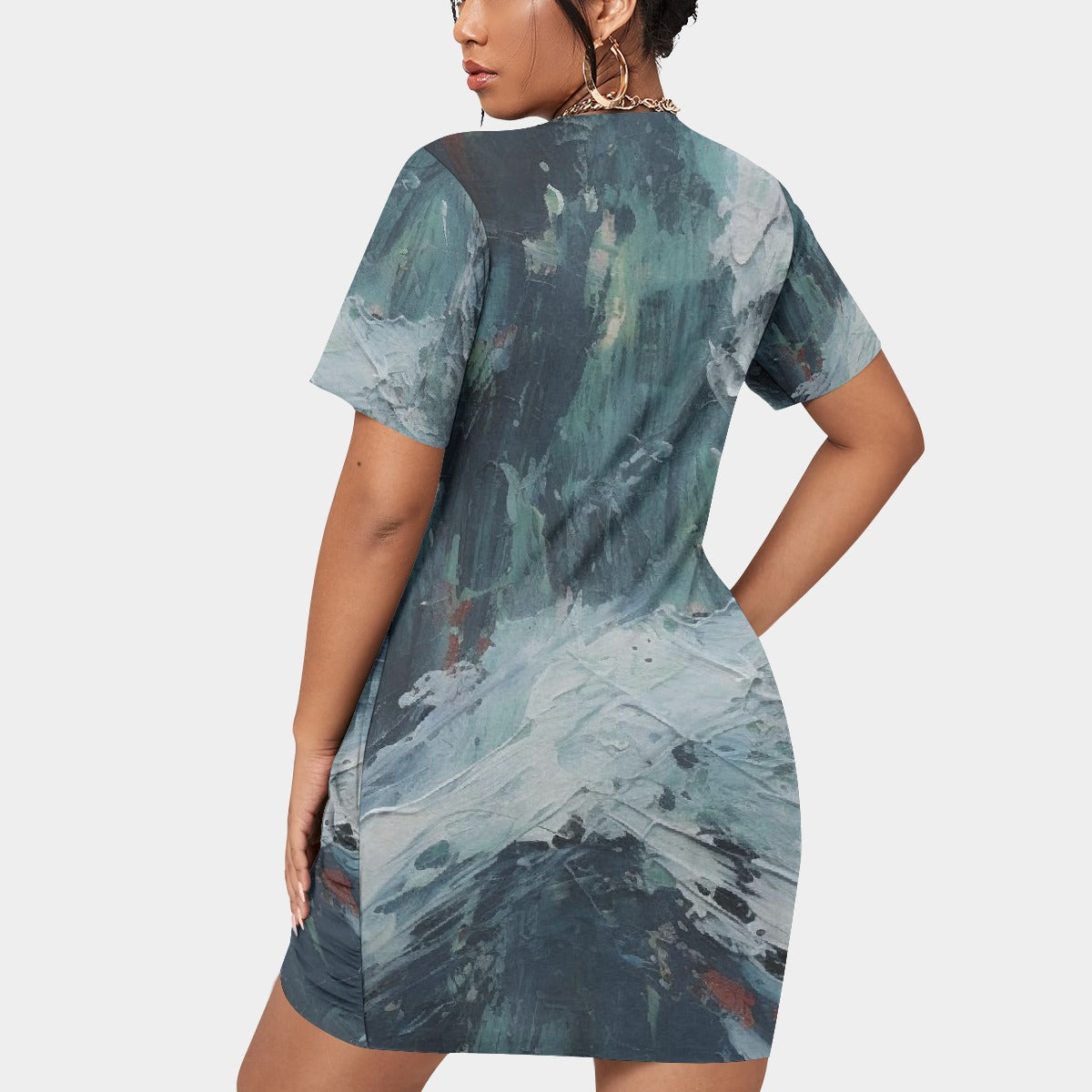 All-Over Print Women’s Stacked Hem Dress With Short Sleeve（Plus Size）