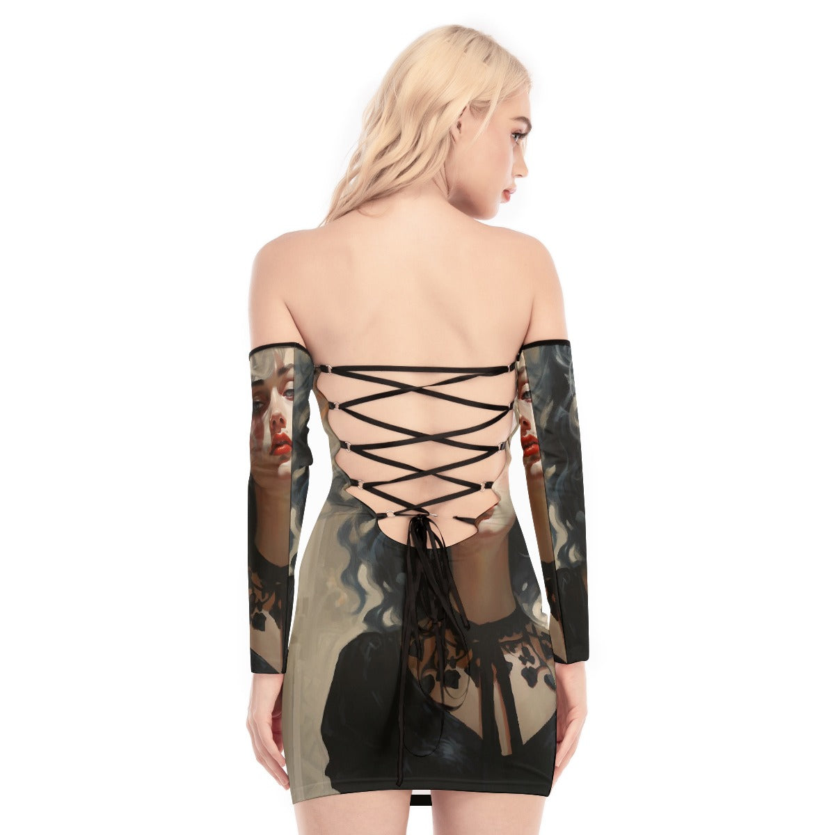 All-Over Print Women's Off-shoulder Back Lace-up Dress