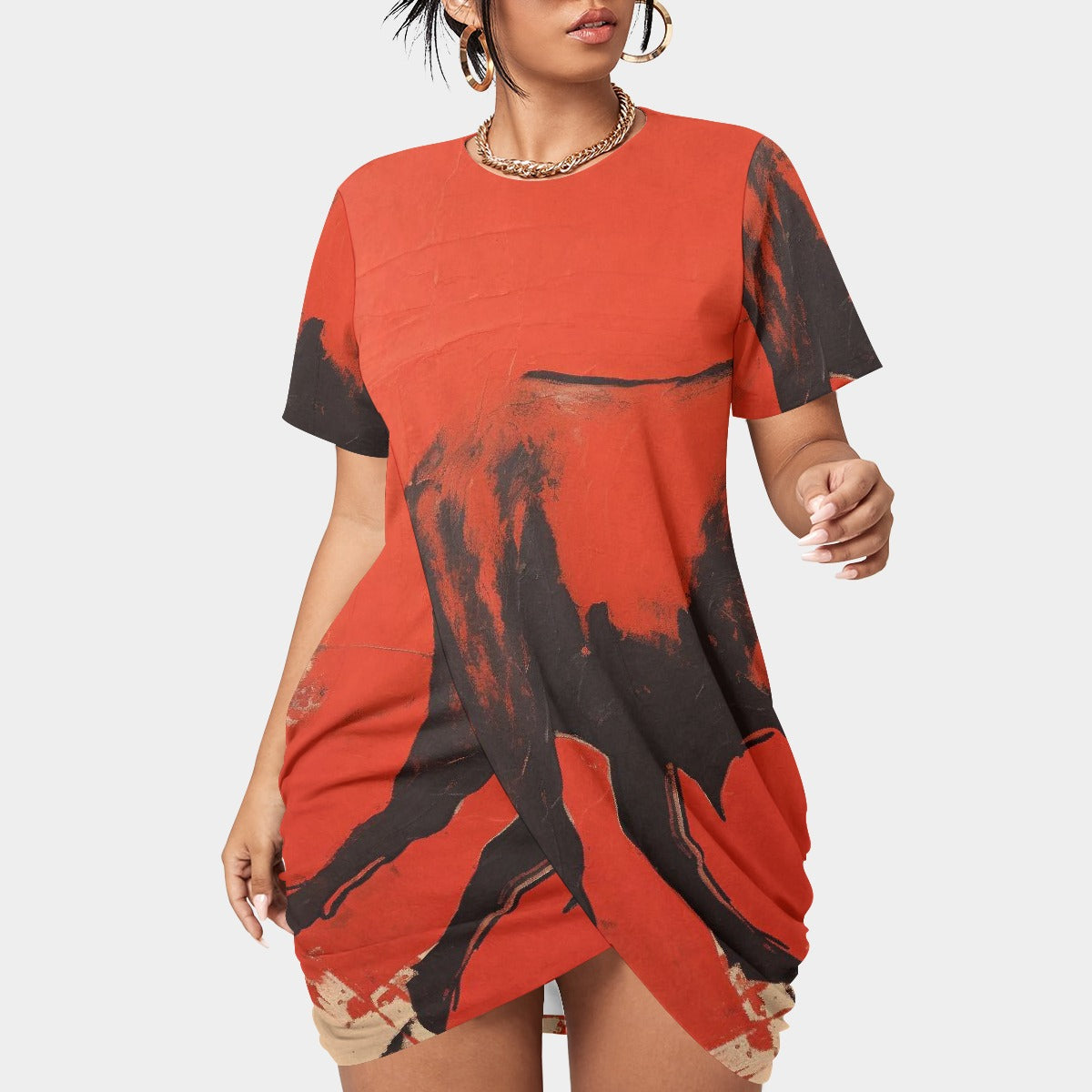 All-Over Print Women’s Stacked Hem Dress With Short Sleeve（Plus Size）