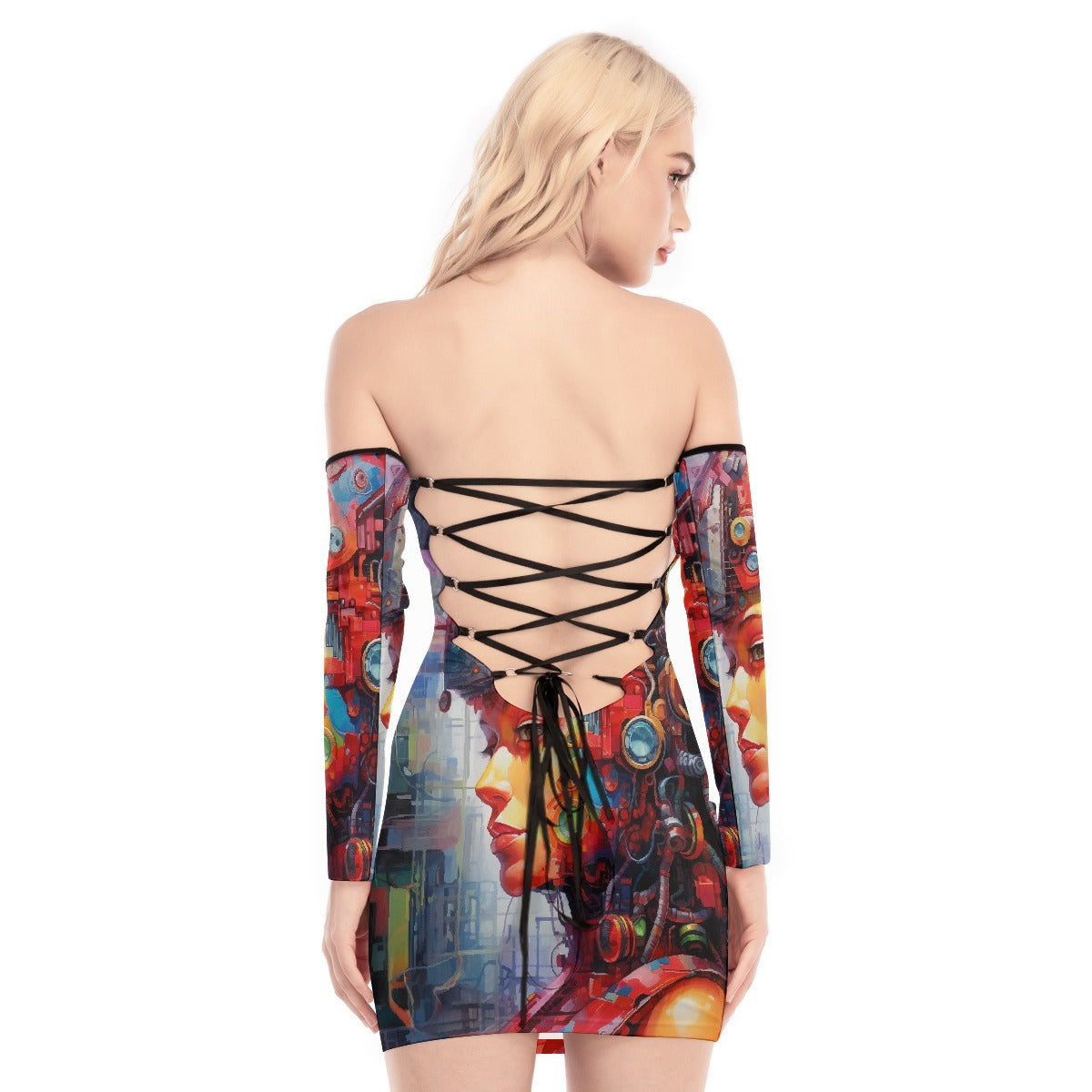 All-Over Print Women's Off-shoulder Back Lace-up Dress