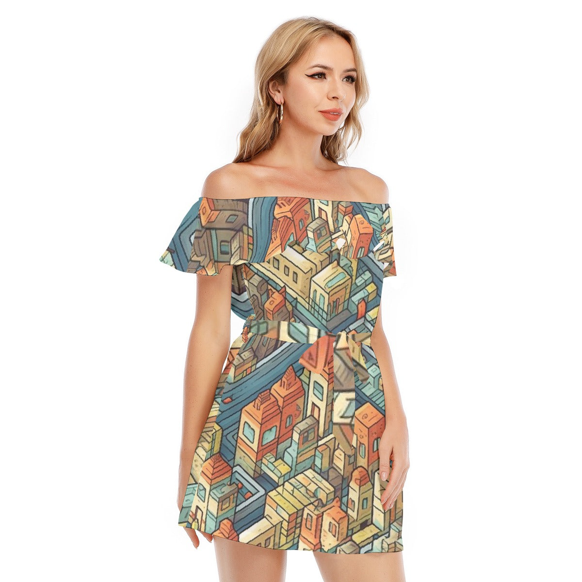 All-Over Print Women's Off-shoulder Dress With Ruffle