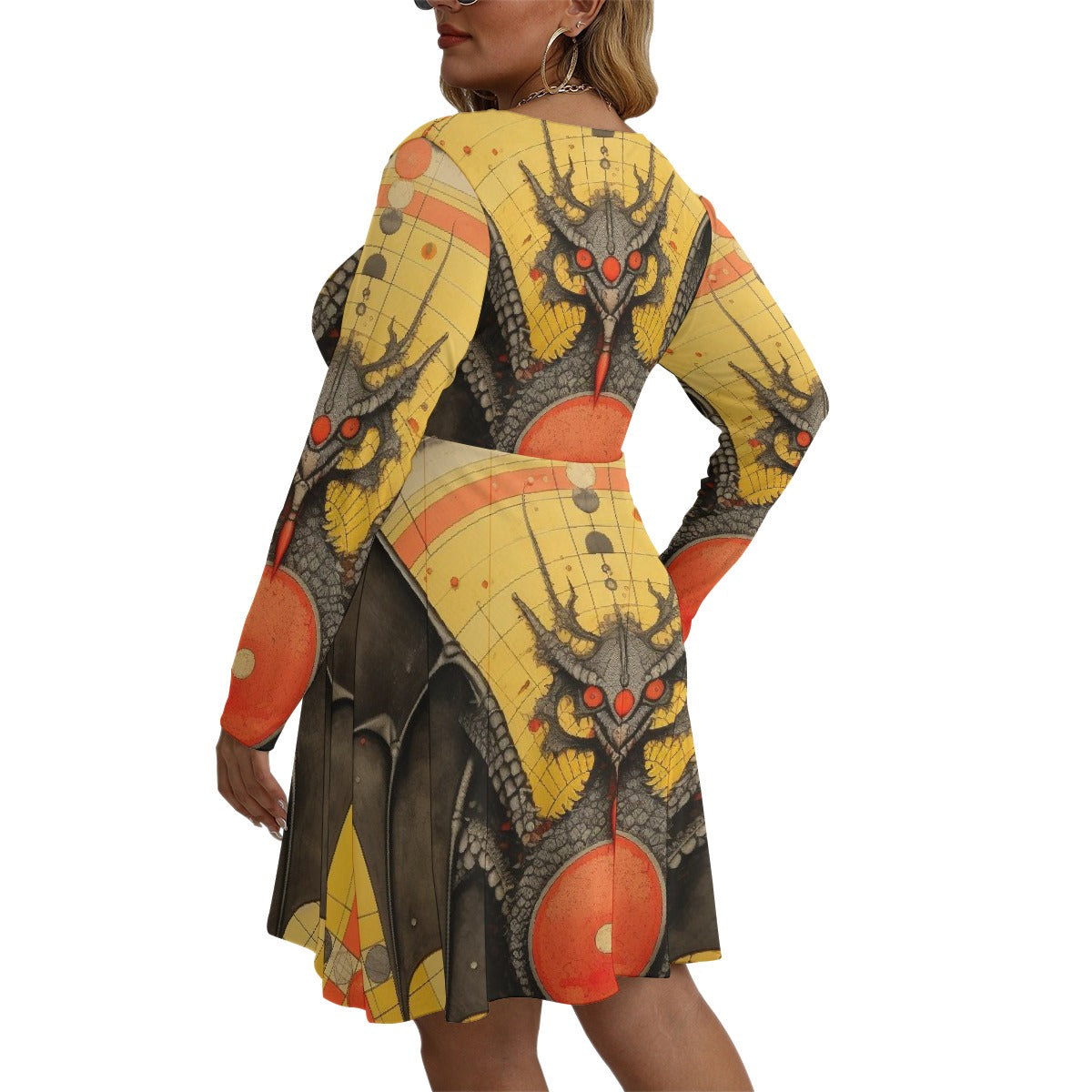 All-Over Print Women's V-neck Long Sleeve Dress(Plus Size)