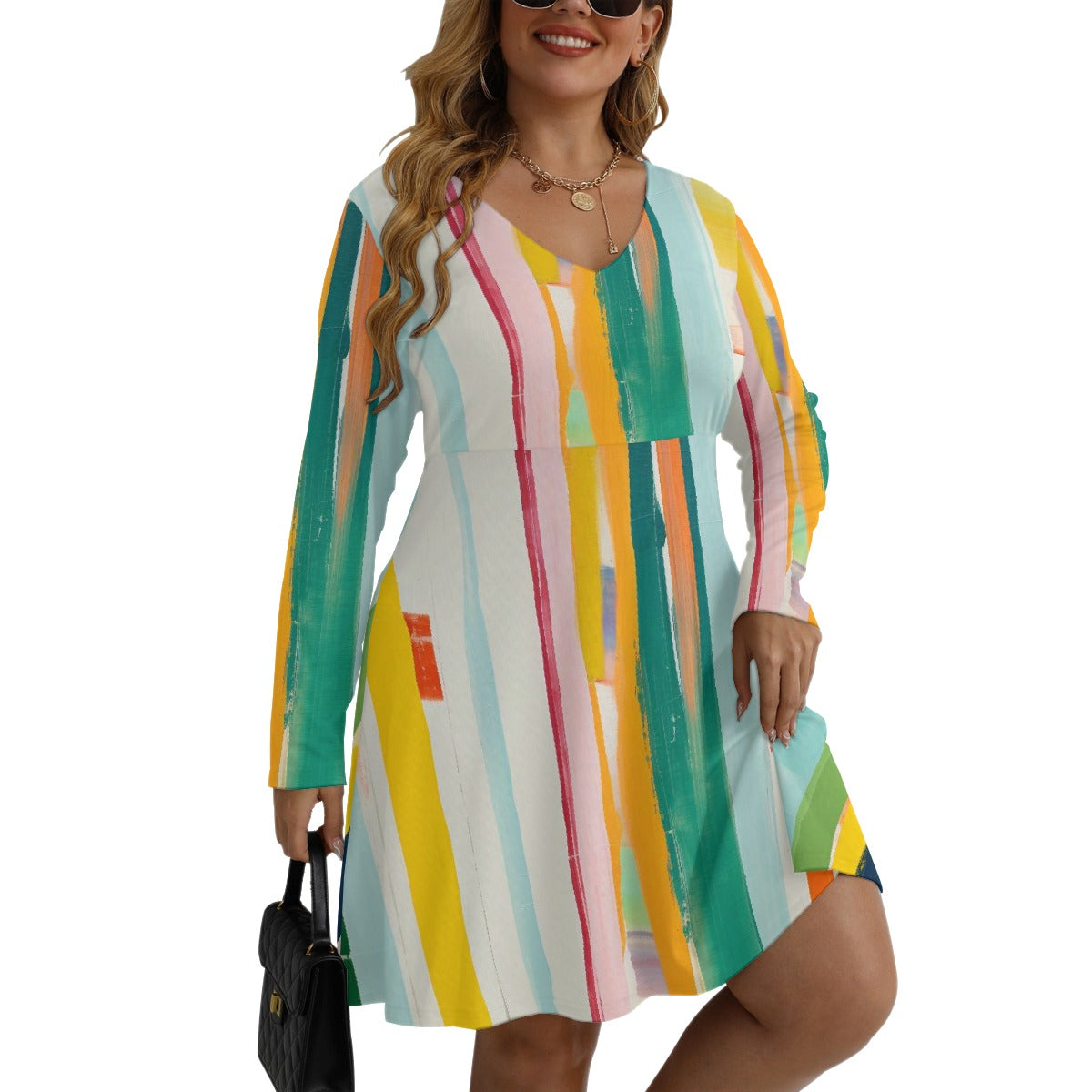 All-Over Print Women's V-neck Long Sleeve Dress(Plus Size)