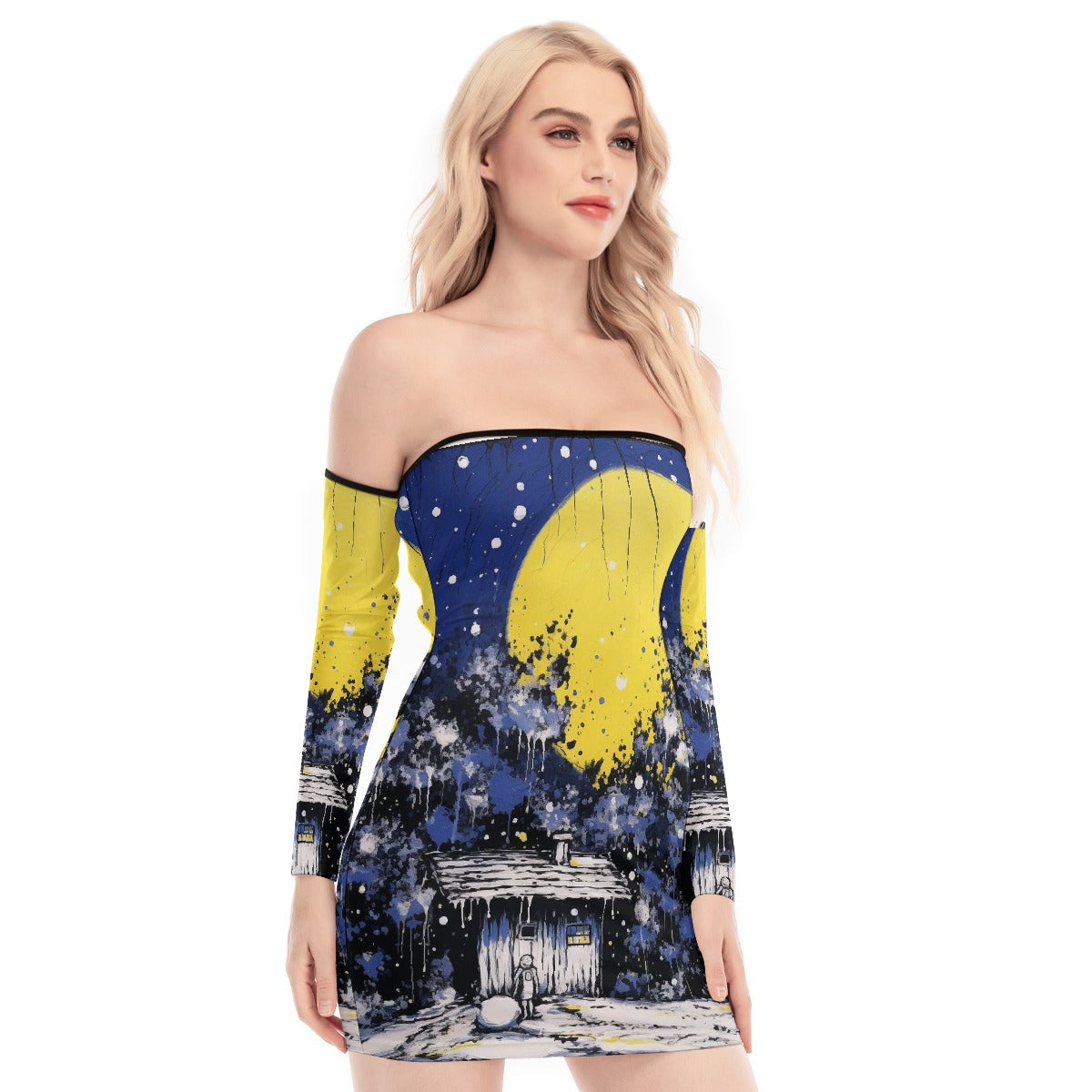 All-Over Print Women's Off-shoulder Back Lace-up Dress