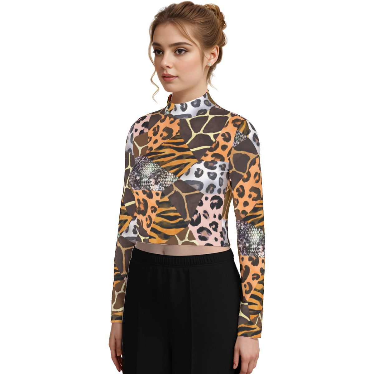 Eco-Friendly All-Over Print Women's Turtleneck T-shirt With Long Sleeve