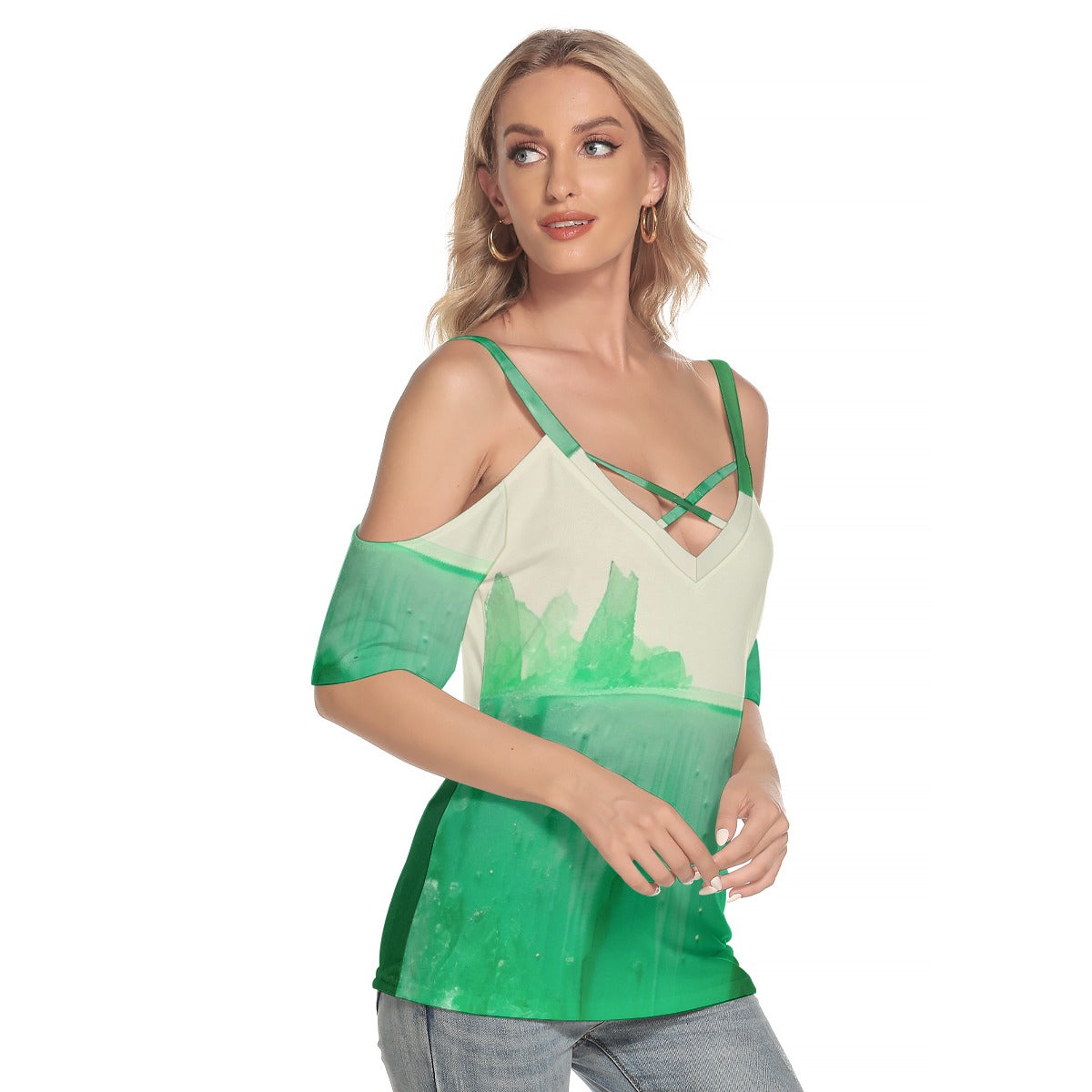 All-Over Print Women's Cold Shoulder T-shirt With Criss Cross Strips