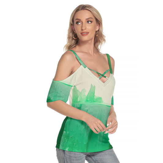 All-Over Print Women's Cold Shoulder T-shirt With Criss Cross Strips