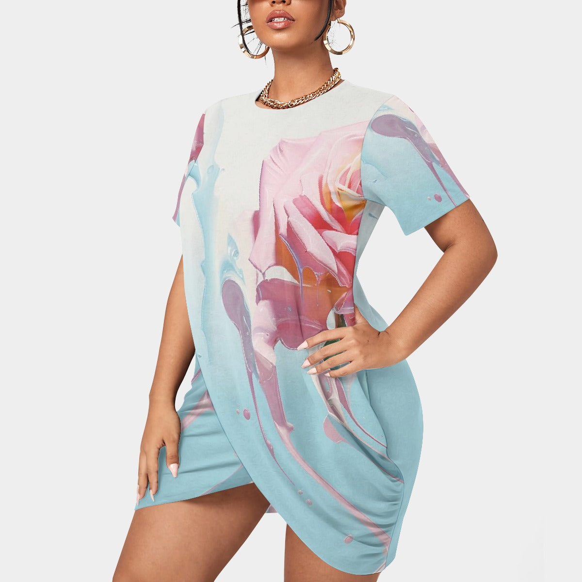 All-Over Print Women’s Stacked Hem Dress With Short Sleeve（Plus Size）