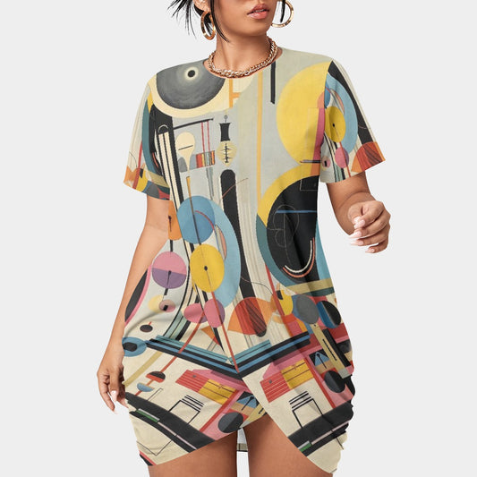 All-Over Print Women’s Stacked Hem Dress With Short Sleeve（Plus Size）